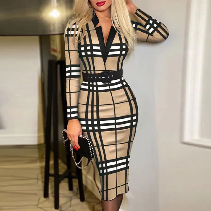 Spring New Product Women Lady Digital Print Plaid Long-sleeved V-neck High-waist Dress