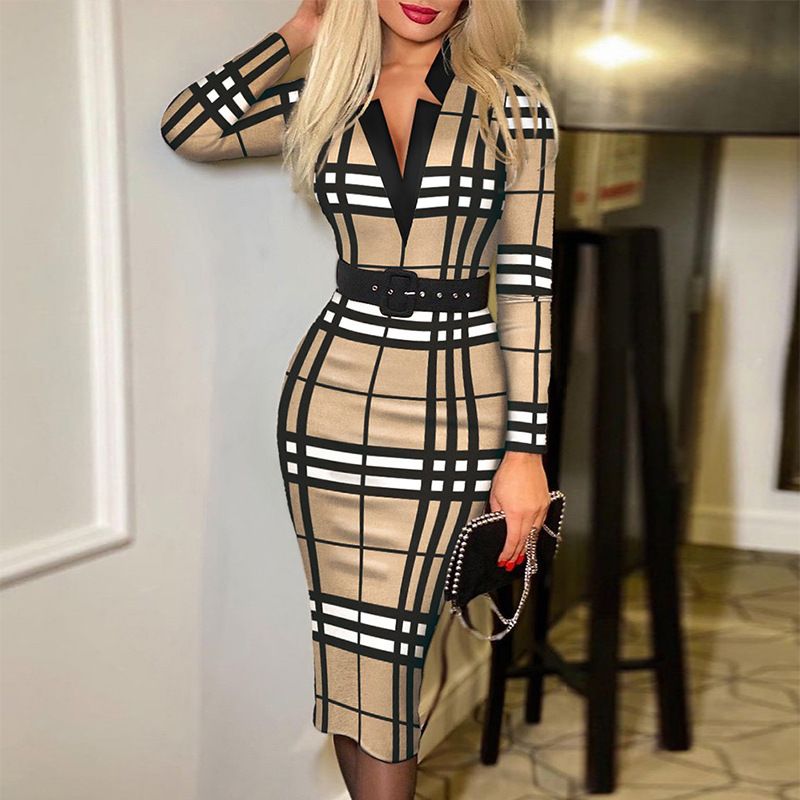 Spring New Product Women Lady Digital Print Plaid Long-sleeved V-neck High-waist Dress