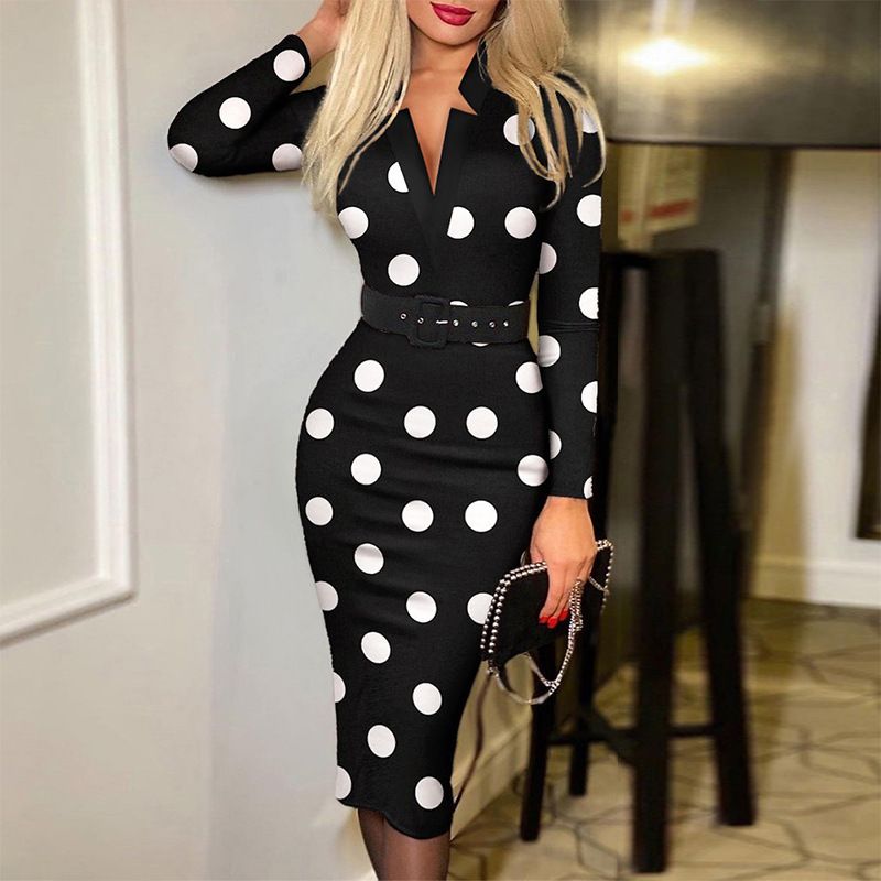 Spring New Product Women Lady Digital Print Plaid Long-sleeved V-neck High-waist Dress