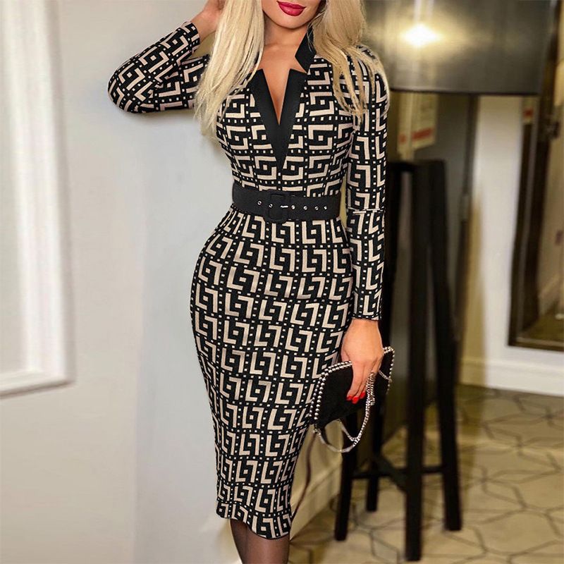 Spring New Product Women Lady Digital Print Plaid Long-sleeved V-neck High-waist Dress