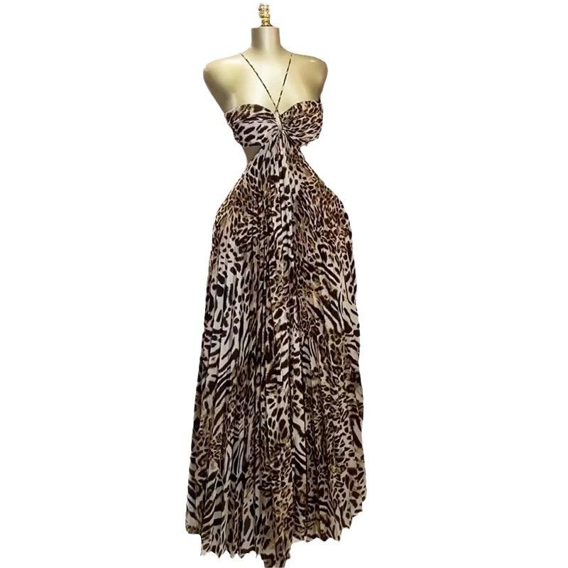 Summer  Women's Maxi Dress Leopard Print Strapless Halter Dress Backless Pleated Sexy Dress for Women Dresses