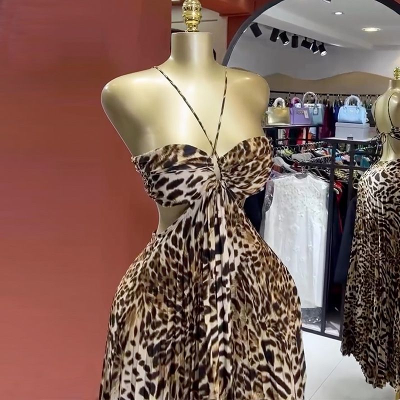 Summer  Women's Maxi Dress Leopard Print Strapless Halter Dress Backless Pleated Sexy Dress for Women Dresses