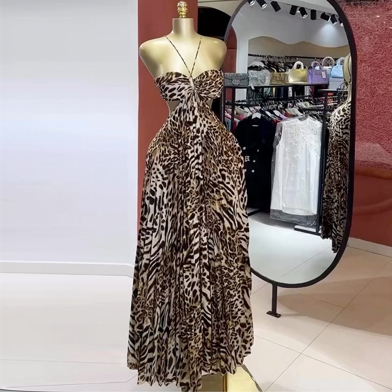 Summer  Women's Maxi Dress Leopard Print Strapless Halter Dress Backless Pleated Sexy Dress for Women Dresses