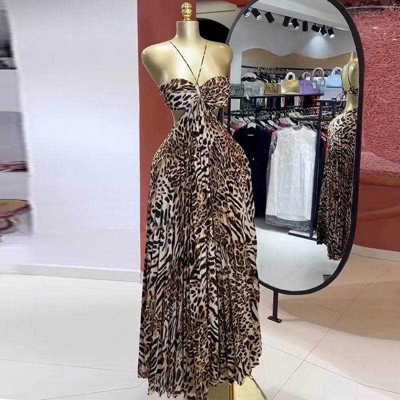 Summer  Women's Maxi Dress Leopard Print Strapless Halter Dress Backless Pleated Sexy Dress for Women Dresses