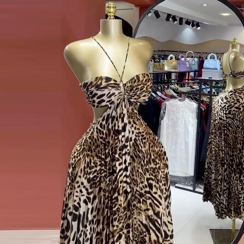 Summer  Women's Maxi Dress Leopard Print Strapless Halter Dress Backless Pleated Sexy Dress for Women Dresses