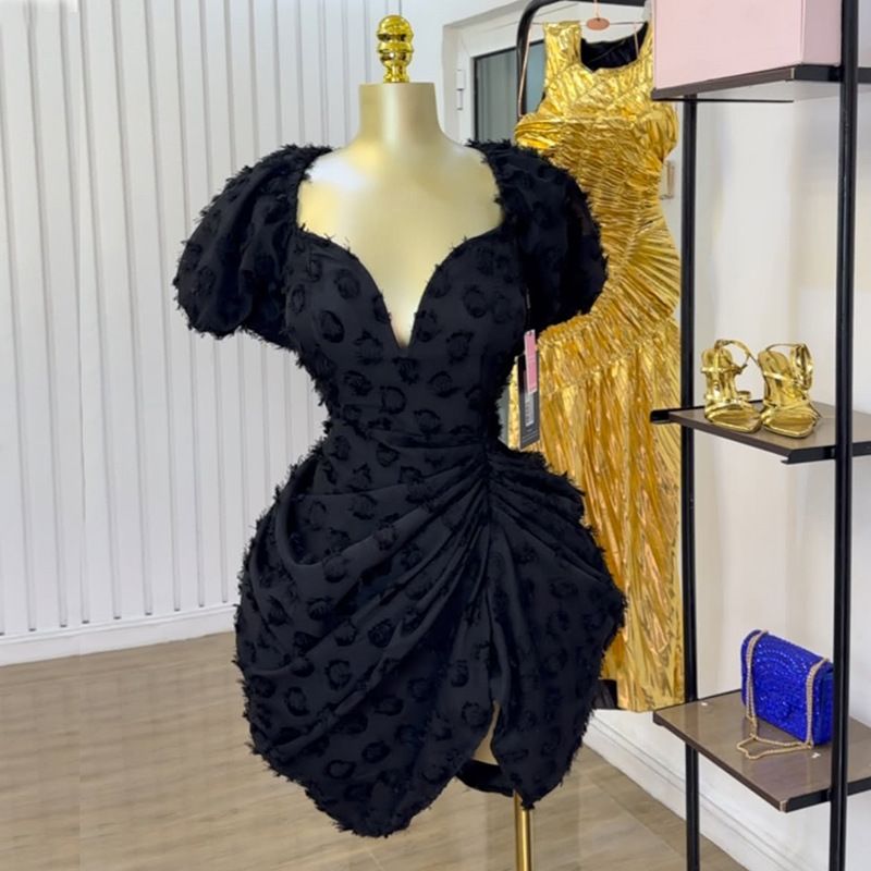 New Arrival Elegant V-neck Jacquard High Waist Short Sleeve Dress High Quality French European Boutique Women's  Dresses