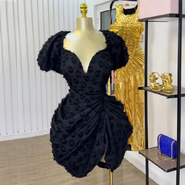 New Arrival Elegant V-neck Jacquard High Waist Short Sleeve Dress High Quality French European Boutique Women's  Dresses