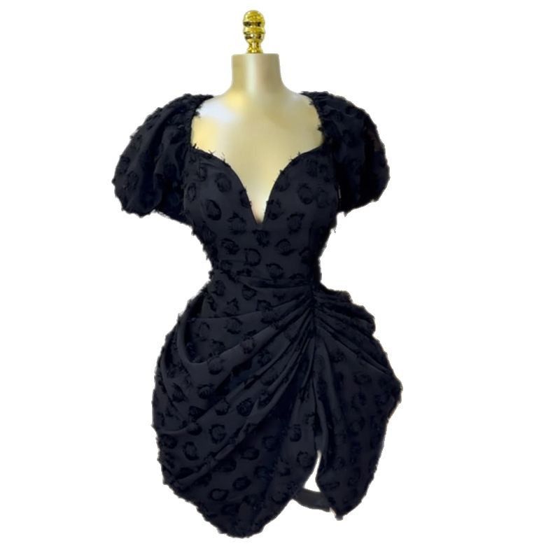 New Arrival Elegant V-neck Jacquard High Waist Short Sleeve Dress High Quality French European Boutique Women's  Dresses