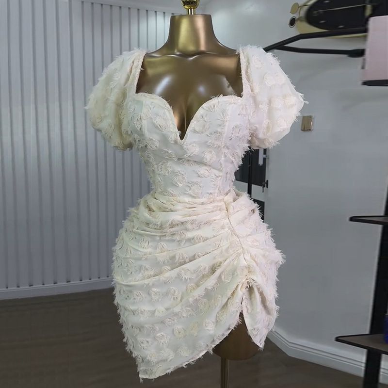 New Arrival Elegant V-neck Jacquard High Waist Short Sleeve Dress High Quality French European Boutique Women's  Dresses