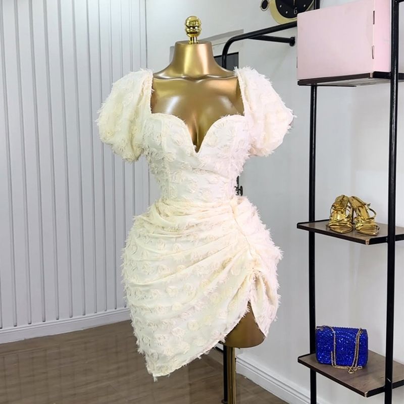 New Arrival Elegant V-neck Jacquard High Waist Short Sleeve Dress High Quality French European Boutique Women's  Dresses