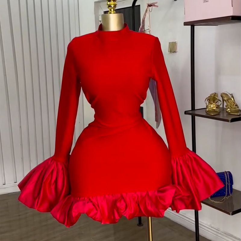 Sexy Fashion Women's Spring New Dress Stylish Elegant Dress Solid Flared Long Sleeve Ruffled Bodycon Party Dress