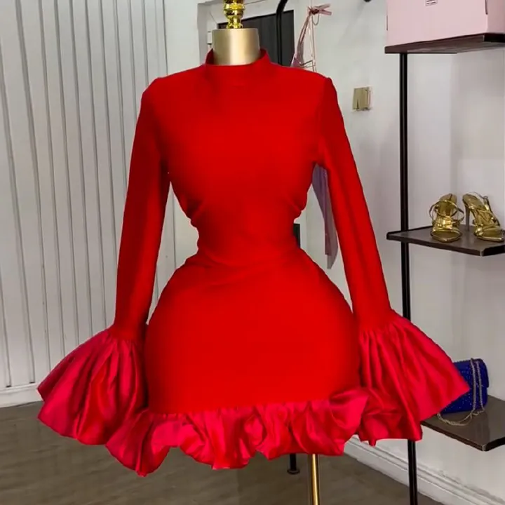 Sexy Fashion Women's Spring New Dress Stylish Elegant Dress Solid Flared Long Sleeve Ruffled Bodycon Party Dress