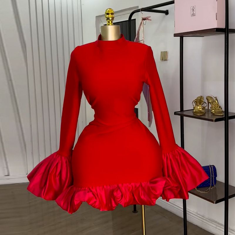 Sexy Fashion Women's Spring New Dress Stylish Elegant Dress Solid Flared Long Sleeve Ruffled Bodycon Party Dress