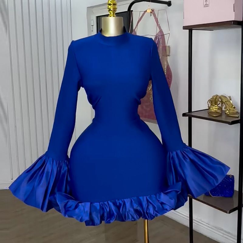 Sexy Fashion Women's Spring New Dress Stylish Elegant Dress Solid Flared Long Sleeve Ruffled Bodycon Party Dress