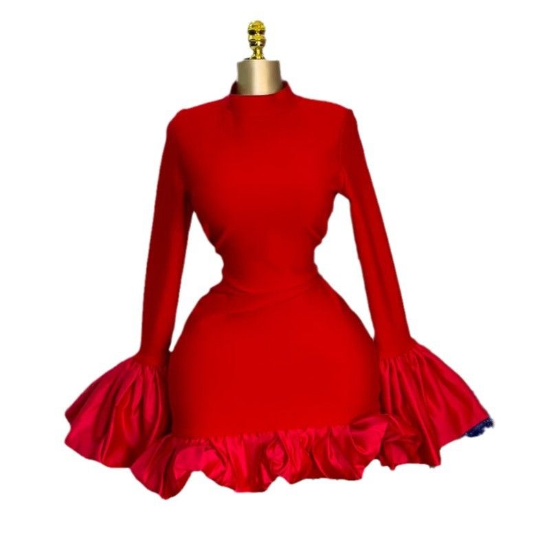 Sexy Fashion Women's Spring New Dress Stylish Elegant Dress Solid Flared Long Sleeve Ruffled Bodycon Party Dress