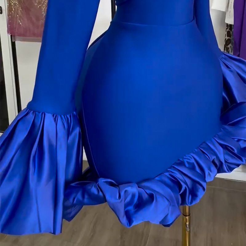 Sexy Fashion Women's Spring New Dress Stylish Elegant Dress Solid Flared Long Sleeve Ruffled Bodycon Party Dress