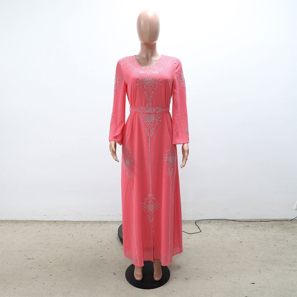 Fashion Collection Drilling Islamic Robe Georgette Moroccan Pink Wedding Dresses With Belt Muslim Eid Comfort Robe Manufacturers Dresses