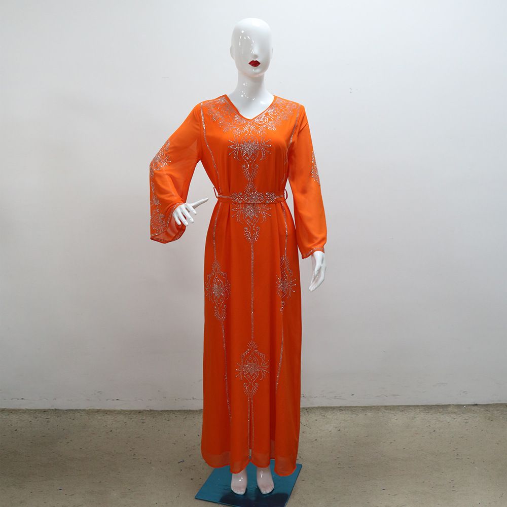 Fashion Collection Drilling Islamic Robe Georgette Moroccan Pink Wedding Dresses With Belt Muslim Eid Comfort Robe Manufacturers Dresses