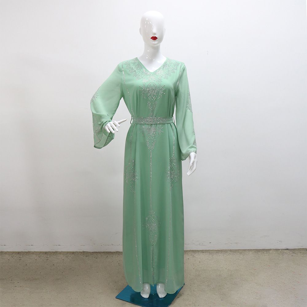 Fashion Collection Drilling Islamic Robe Georgette Moroccan Pink Wedding Dresses With Belt Muslim Eid Comfort Robe Manufacturers Dresses