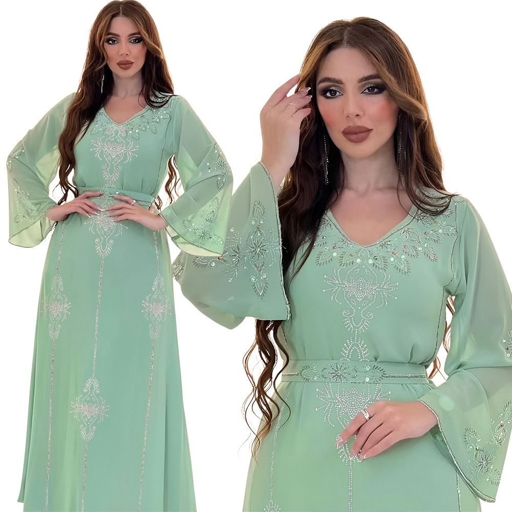 Fashion Collection Drilling Islamic Robe Georgette Moroccan Pink Wedding Dresses With Belt Muslim Eid Comfort Robe Manufacturers Dresses