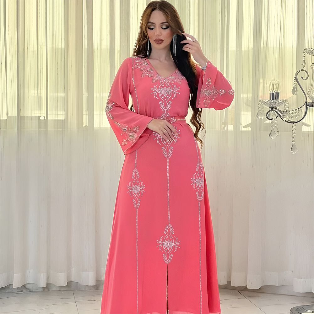 Fashion Collection Drilling Islamic Robe Georgette Moroccan Pink Wedding Dresses With Belt Muslim Eid Comfort Robe Manufacturers Dresses