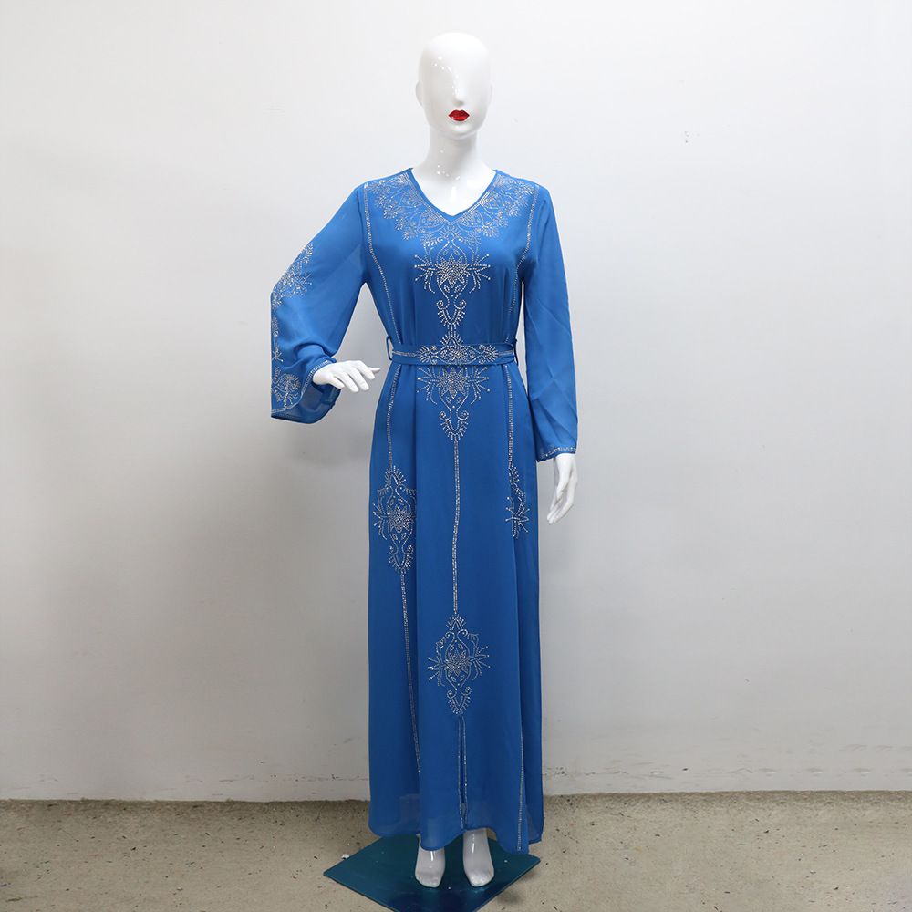 Fashion Collection Drilling Islamic Robe Georgette Moroccan Pink Wedding Dresses With Belt Muslim Eid Comfort Robe Manufacturers Dresses