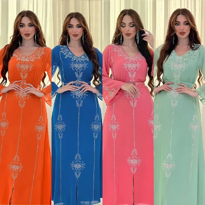 Fashion Collection Drilling Islamic Robe Georgette Moroccan Pink Wedding Dresses With Belt Muslim Eid Comfort Robe Manufacturers Dresses