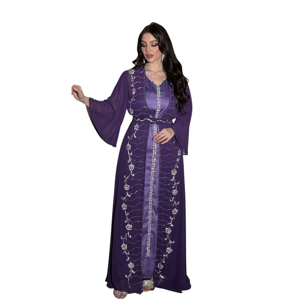 Four Seasons commuter Vest + Open Dress Chiffon Pressed Diamond Abaya Women Muslim Dress