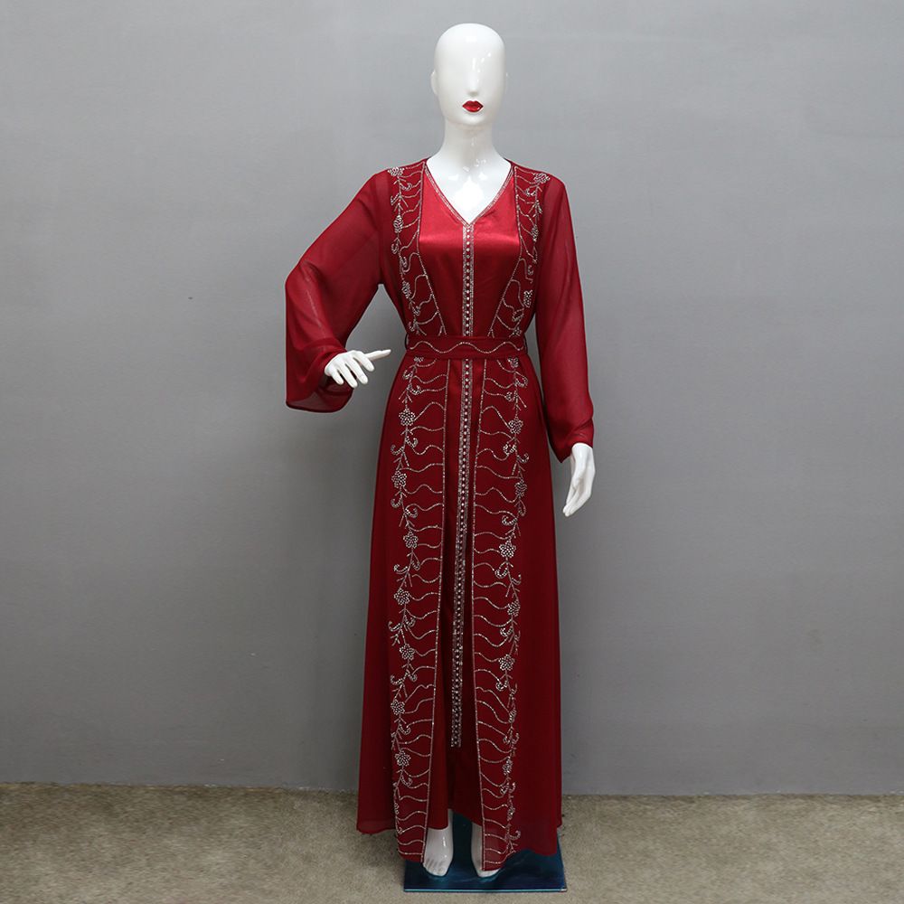 Four Seasons commuter Vest + Open Dress Chiffon Pressed Diamond Abaya Women Muslim Dress