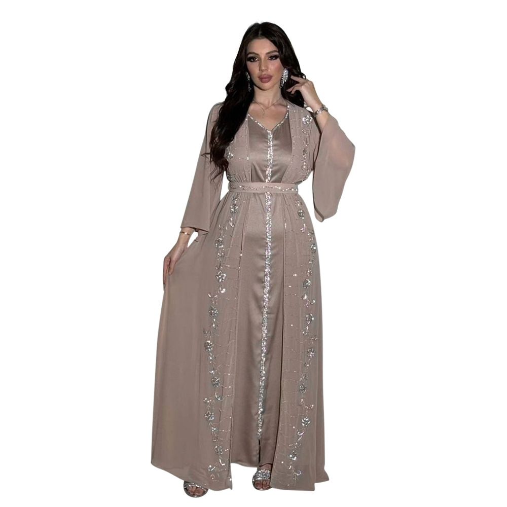 Four Seasons commuter Vest + Open Dress Chiffon Pressed Diamond Abaya Women Muslim Dress