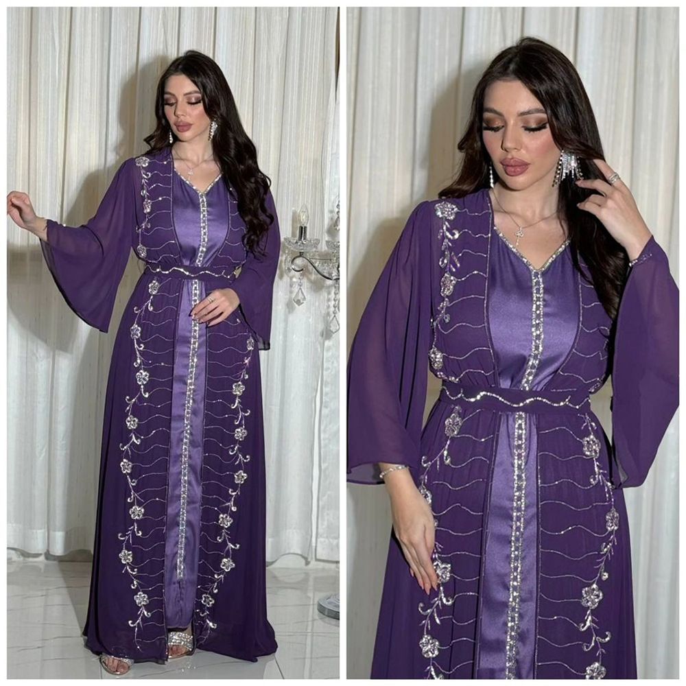 Four Seasons commuter Vest + Open Dress Chiffon Pressed Diamond Abaya Women Muslim Dress
