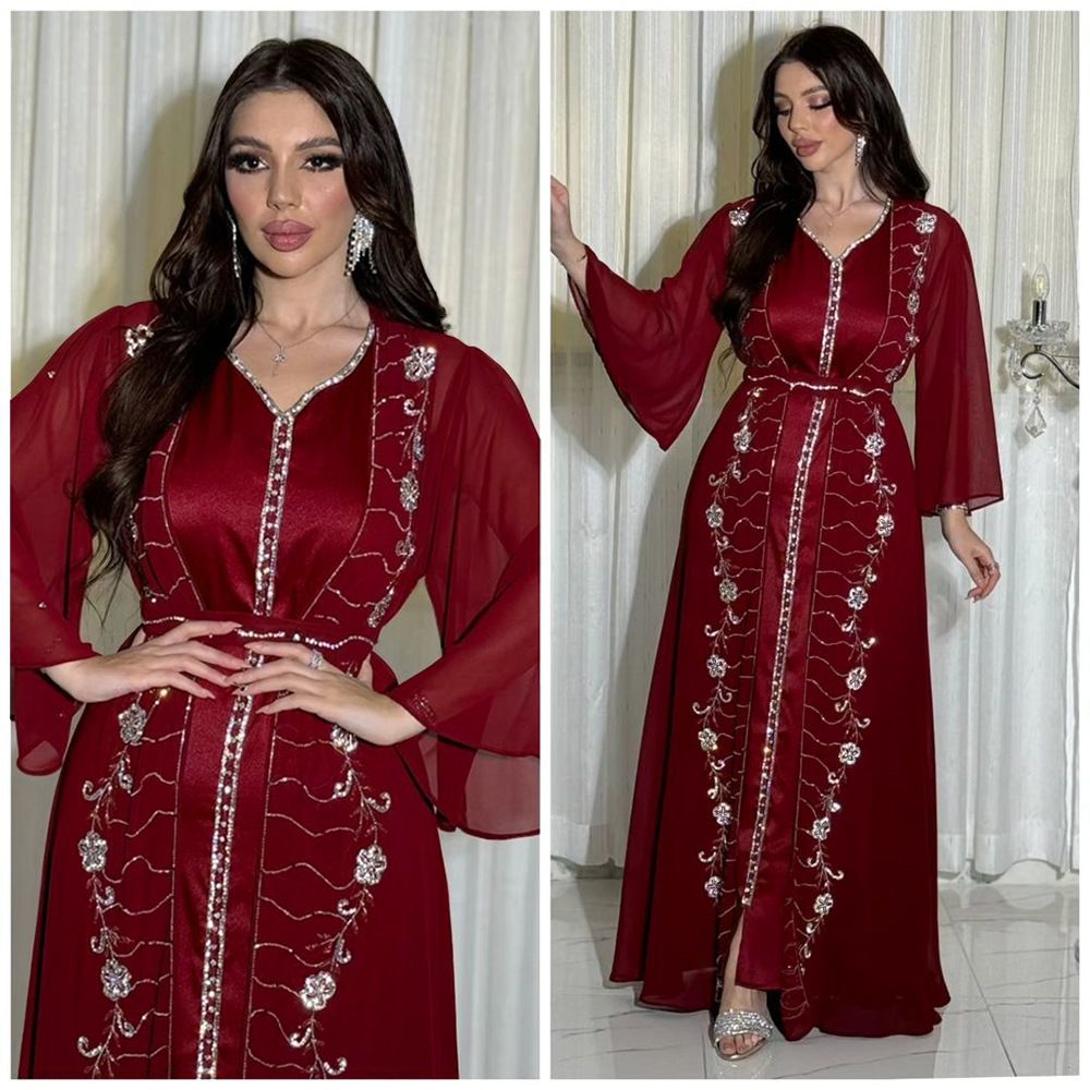 Four Seasons commuter Vest + Open Dress Chiffon Pressed Diamond Abaya Women Muslim Dress