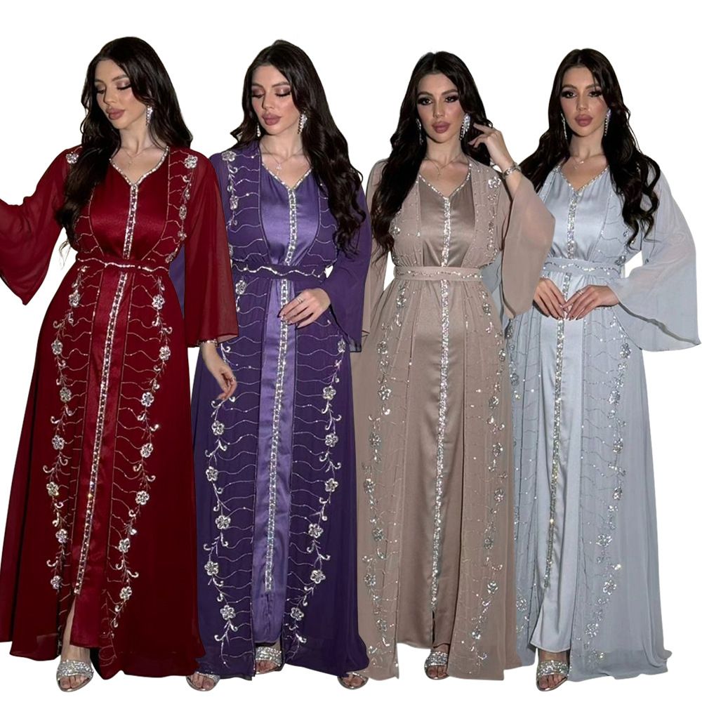 Four Seasons commuter Vest + Open Dress Chiffon Pressed Diamond Abaya Women Muslim Dress