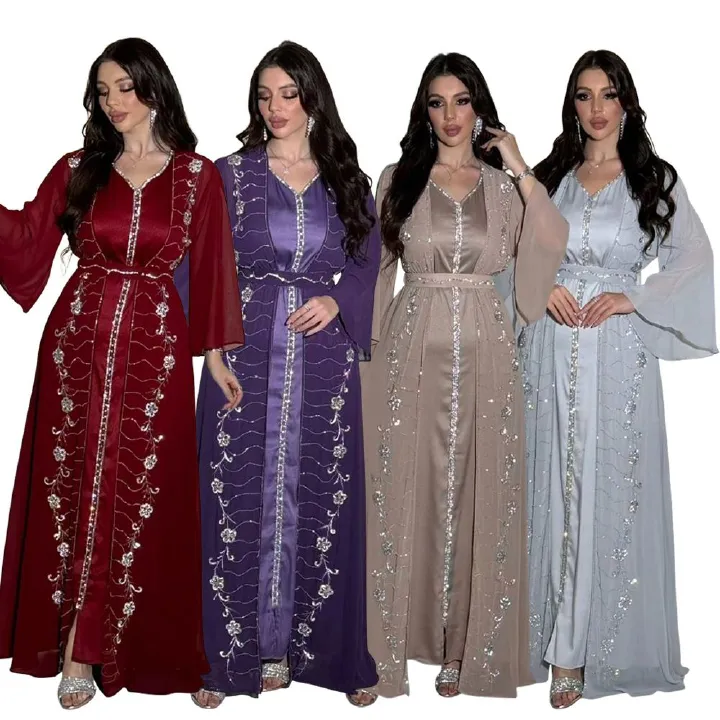 Four Seasons commuter Vest + Open Dress Chiffon Pressed Diamond Abaya Women Muslim Dress