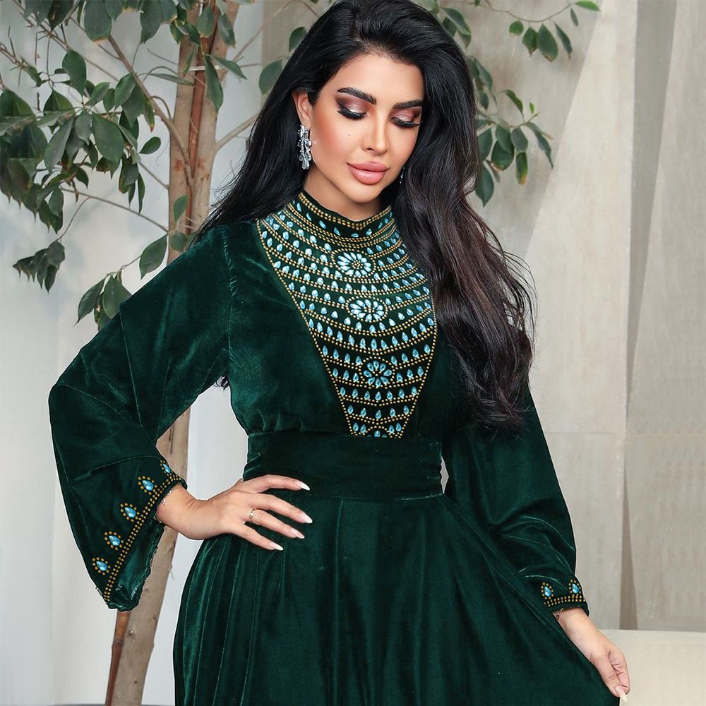 Abaya Muslim Women Evening Dress Elegant A-Line Dress Long Sleeve Party Evening Prom Blue Rhinestones Suede Dress