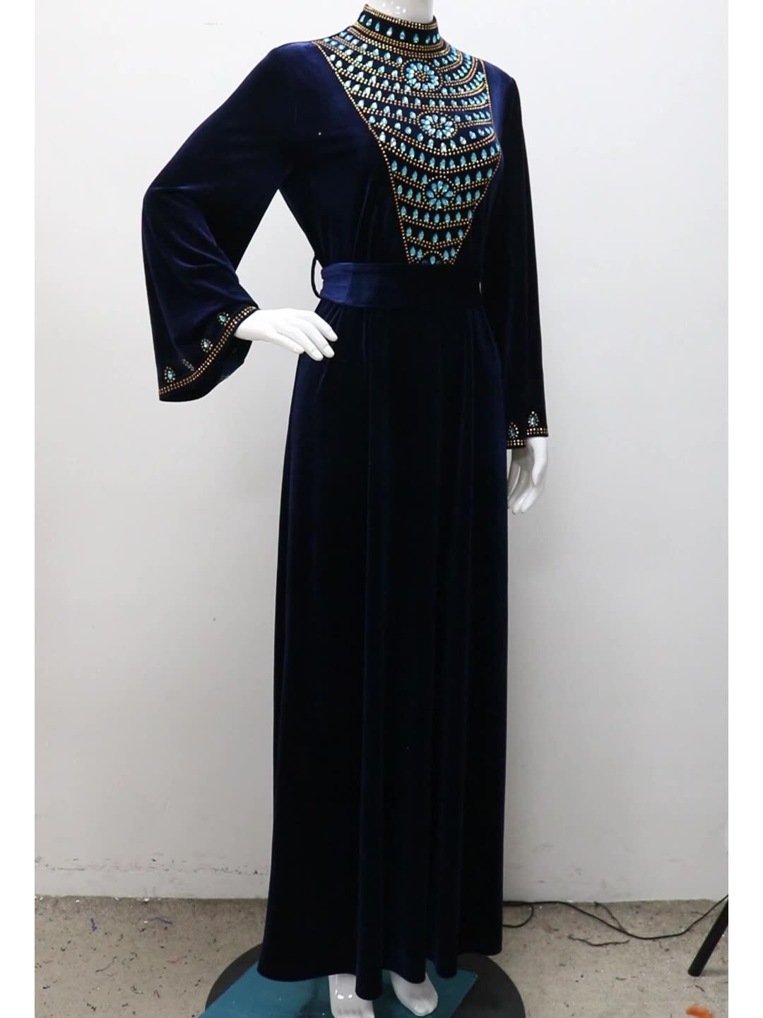 Abaya Muslim Women Evening Dress Elegant A-Line Dress Long Sleeve Party Evening Prom Blue Rhinestones Suede Dress