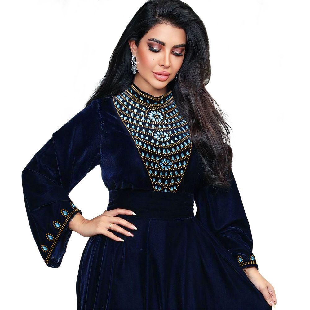 Abaya Muslim Women Evening Dress Elegant A-Line Dress Long Sleeve Party Evening Prom Blue Rhinestones Suede Dress