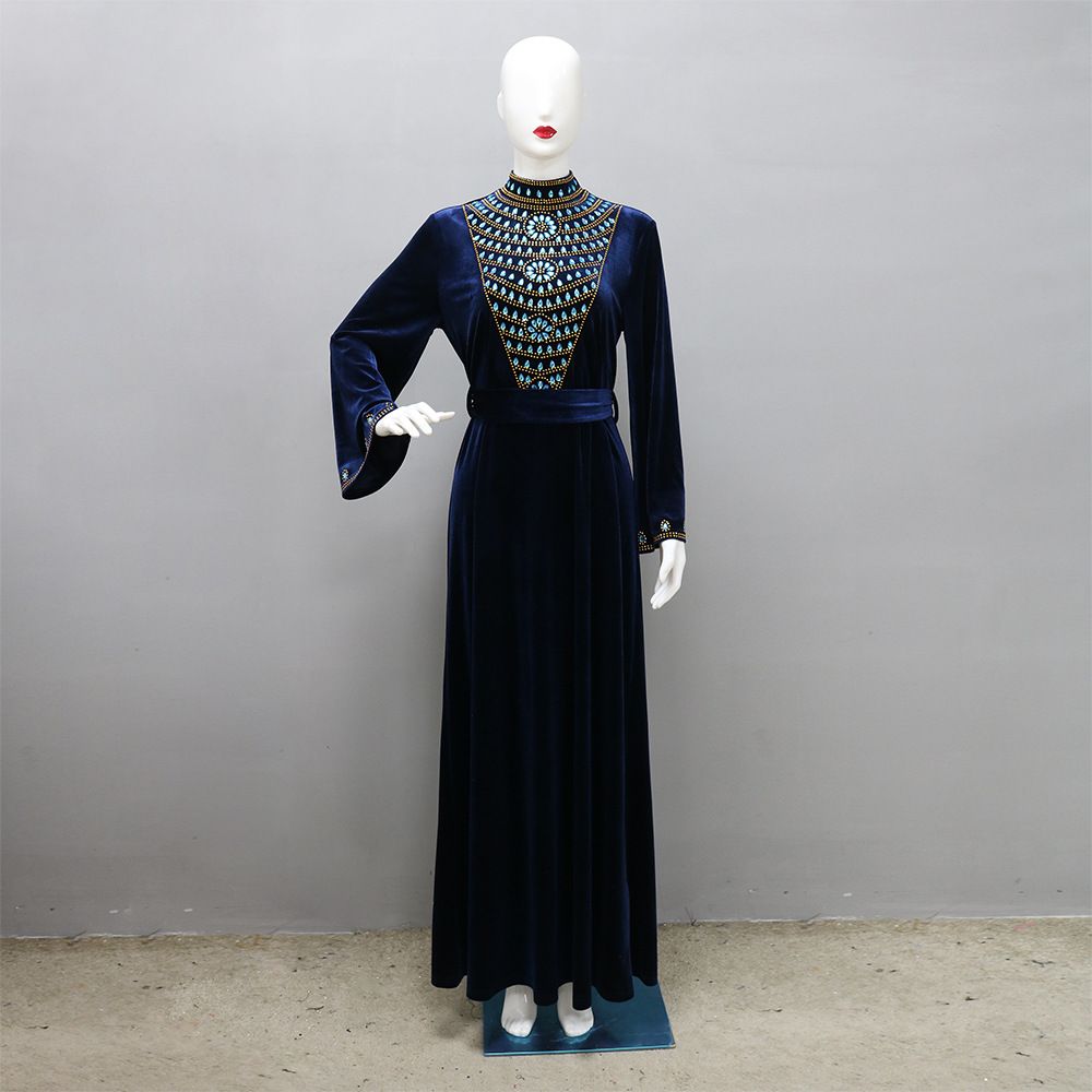 Abaya Muslim Women Evening Dress Elegant A-Line Dress Long Sleeve Party Evening Prom Blue Rhinestones Suede Dress