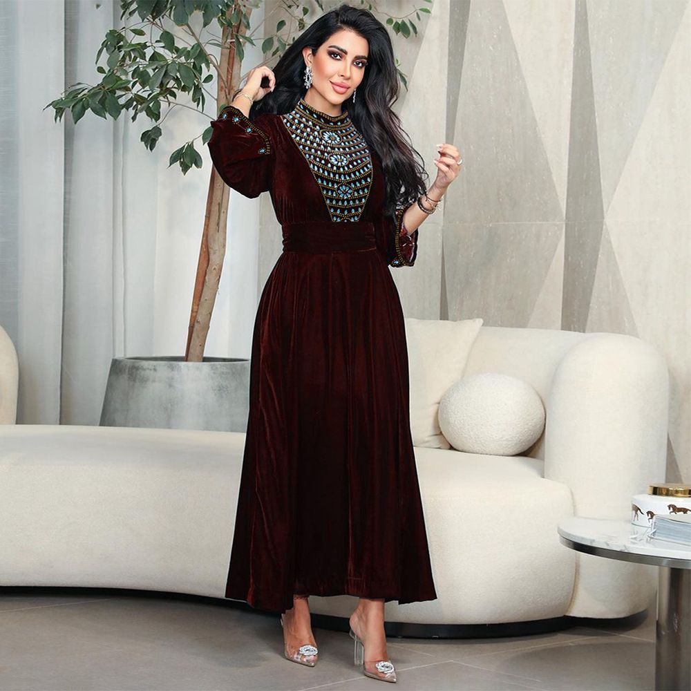 Abaya Muslim Women Evening Dress Elegant A-Line Dress Long Sleeve Party Evening Prom Blue Rhinestones Suede Dress
