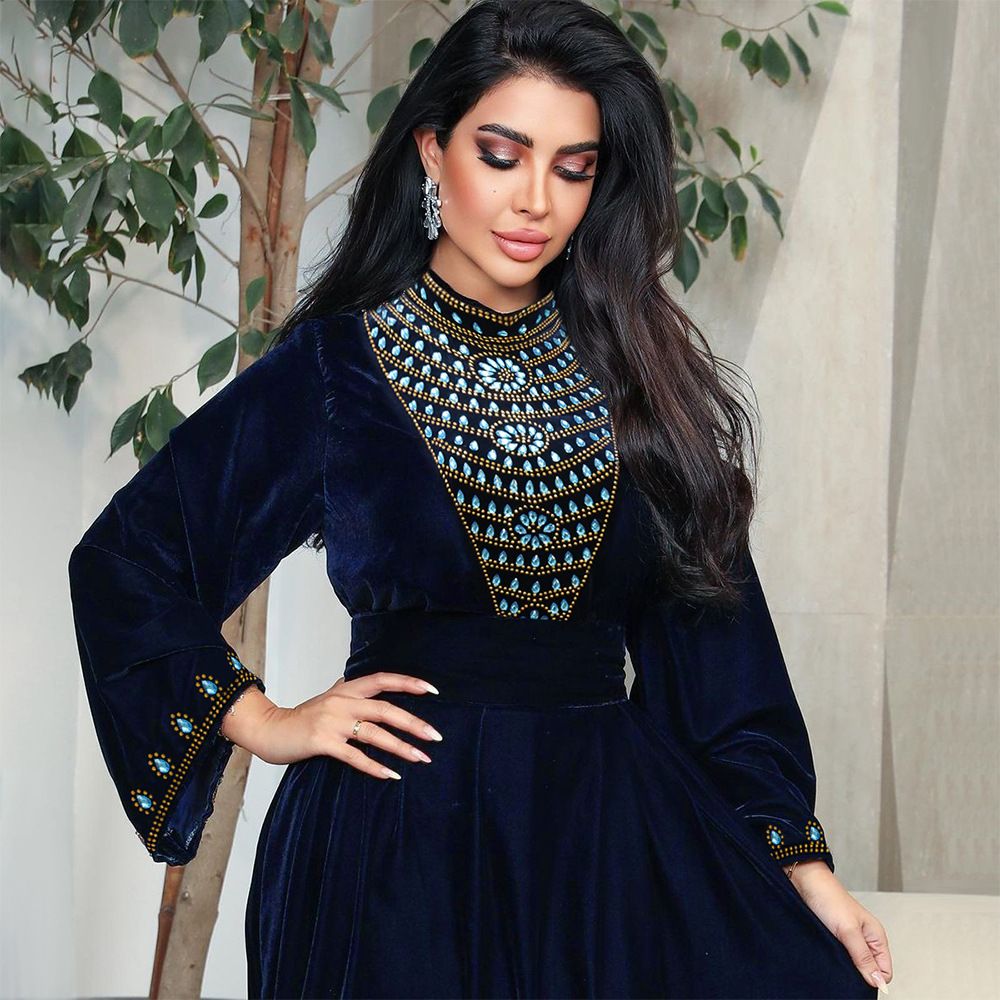 Abaya Muslim Women Evening Dress Elegant A-Line Dress Long Sleeve Party Evening Prom Blue Rhinestones Suede Dress