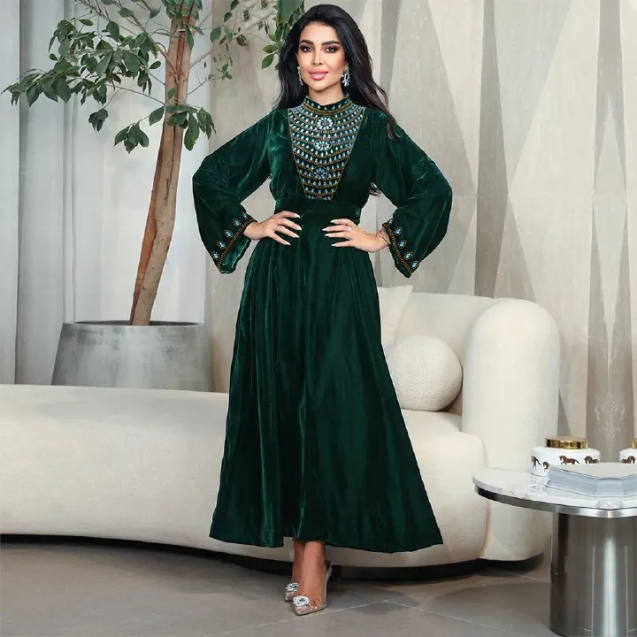 Abaya Muslim Women Evening Dress Elegant A-Line Dress Long Sleeve Party Evening Prom Blue Rhinestones Suede Dress
