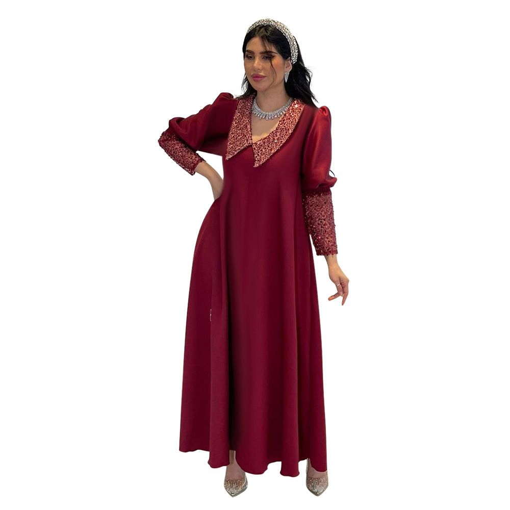 Sequin Lapel Beaded Dress Eid Party Dress Ramadan Moroccan Kaftan Dubai Luxury Abaya Elegant Long Sleeve Islam Turkey Abaya Dresses
