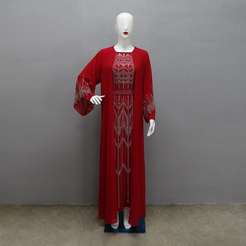 Modest Turkey Elegant Banquet Party Chiffon Abaya Dress Solid Color Shining Diamond Long Maxi Dresses Robe for Women Dresses