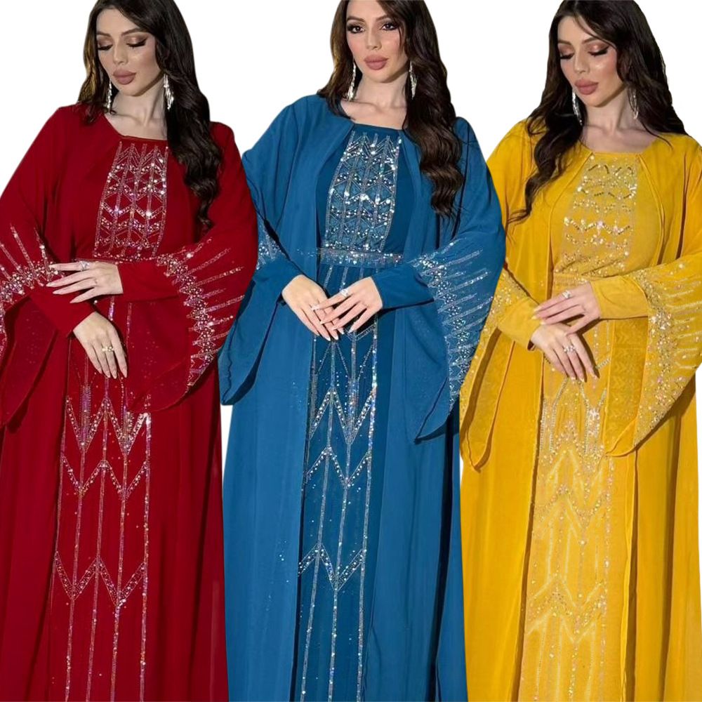 Modest Turkey Elegant Banquet Party Chiffon Abaya Dress Solid Color Shining Diamond Long Maxi Dresses Robe for Women Dresses