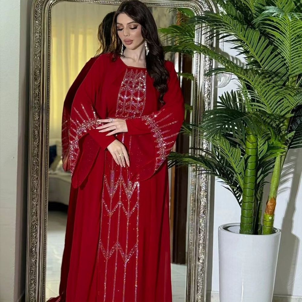 Modest Turkey Elegant Banquet Party Chiffon Abaya Dress Solid Color Shining Diamond Long Maxi Dresses Robe for Women Dresses