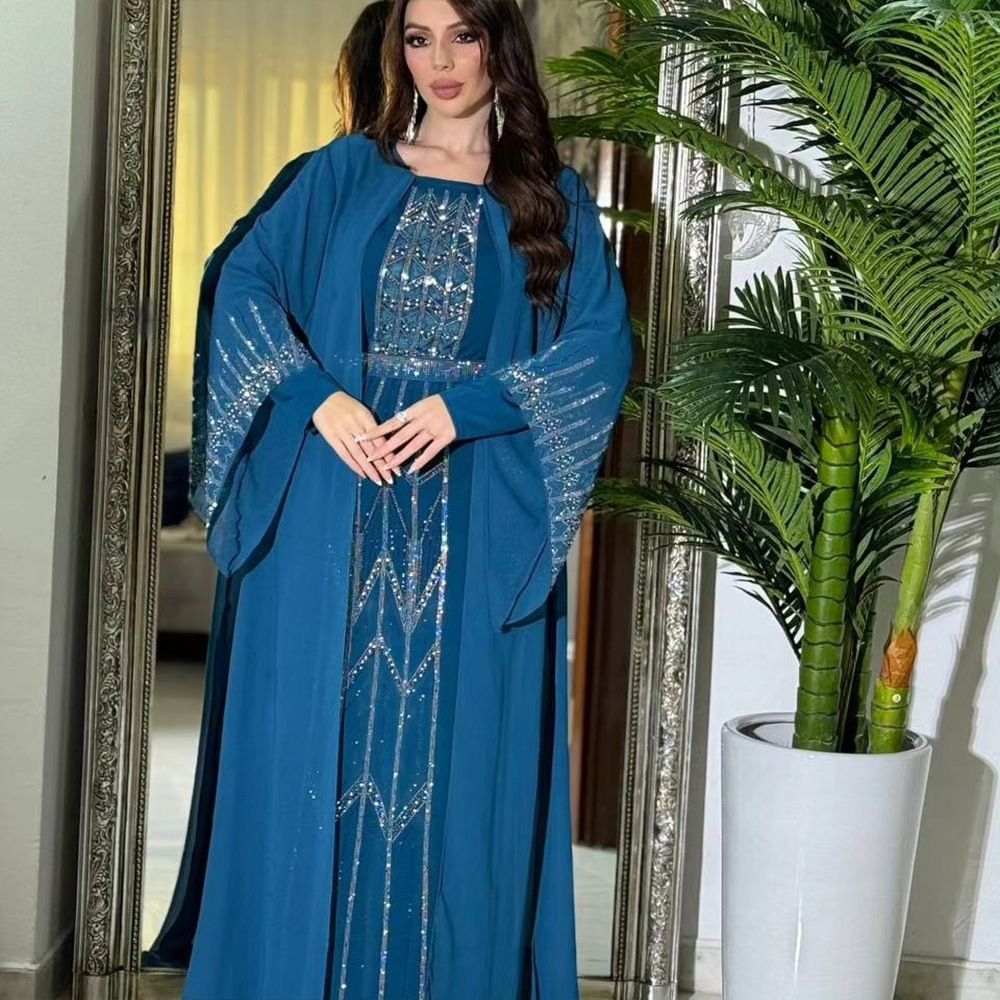 Modest Turkey Elegant Banquet Party Chiffon Abaya Dress Solid Color Shining Diamond Long Maxi Dresses Robe for Women Dresses