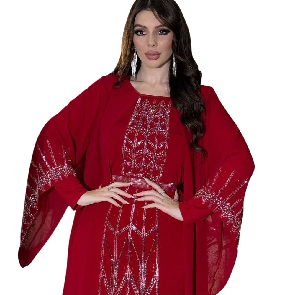 Modest Turkey Elegant Banquet Party Chiffon Abaya Dress Solid Color Shining Diamond Long Maxi Dresses Robe for Women Dresses
