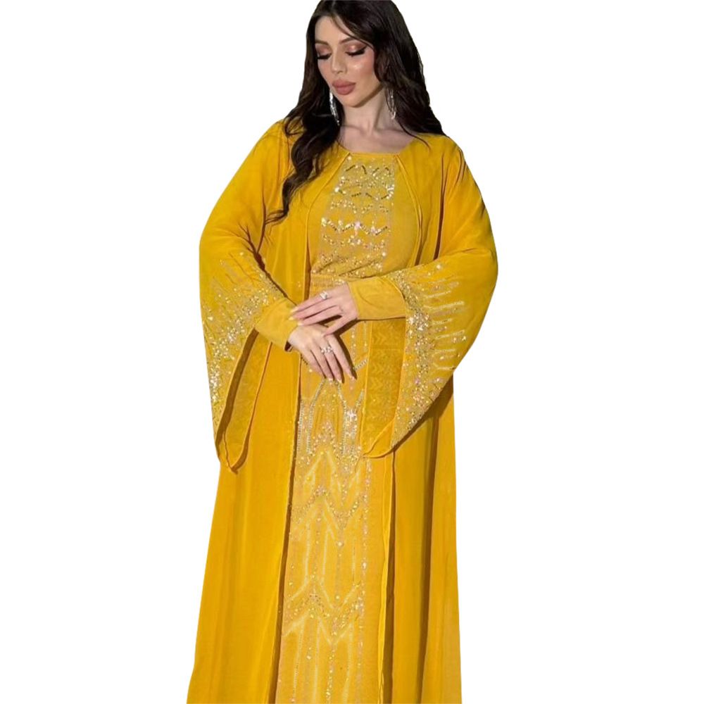Modest Turkey Elegant Banquet Party Chiffon Abaya Dress Solid Color Shining Diamond Long Maxi Dresses Robe for Women Dresses