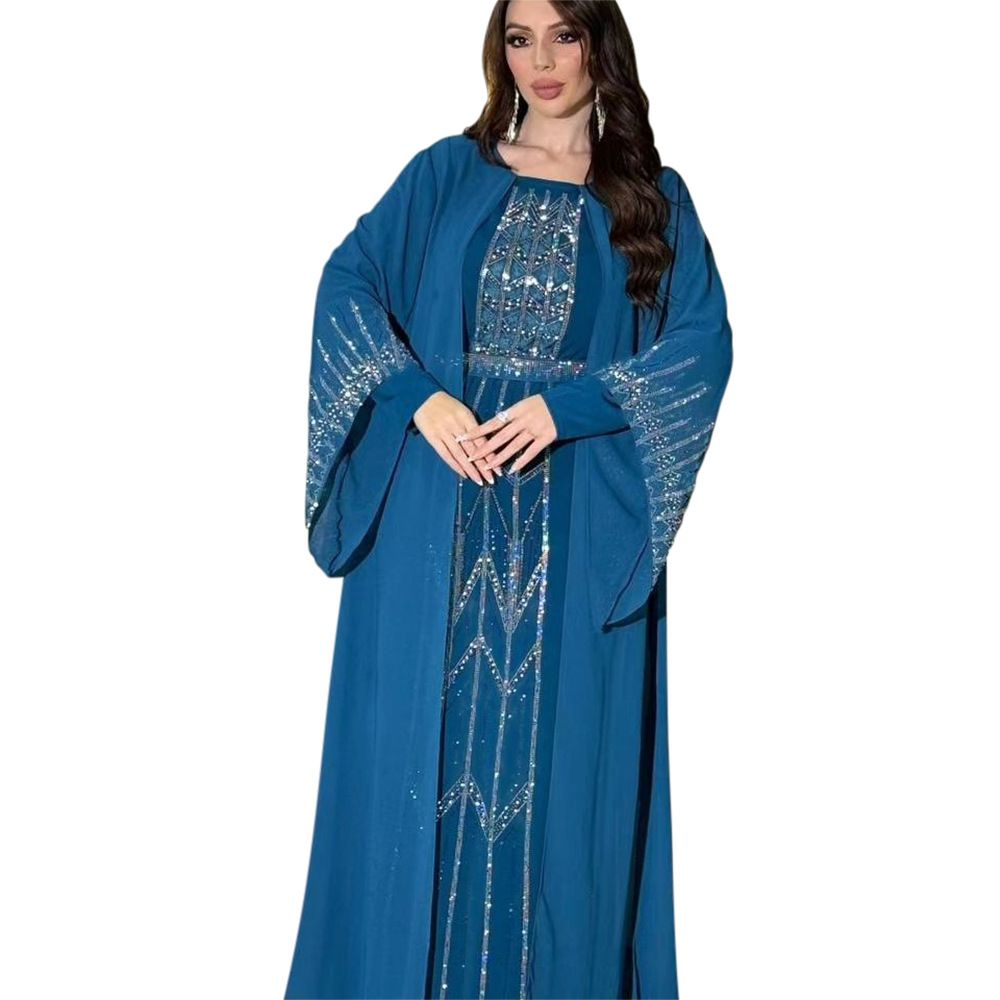 Modest Turkey Elegant Banquet Party Chiffon Abaya Dress Solid Color Shining Diamond Long Maxi Dresses Robe for Women Dresses
