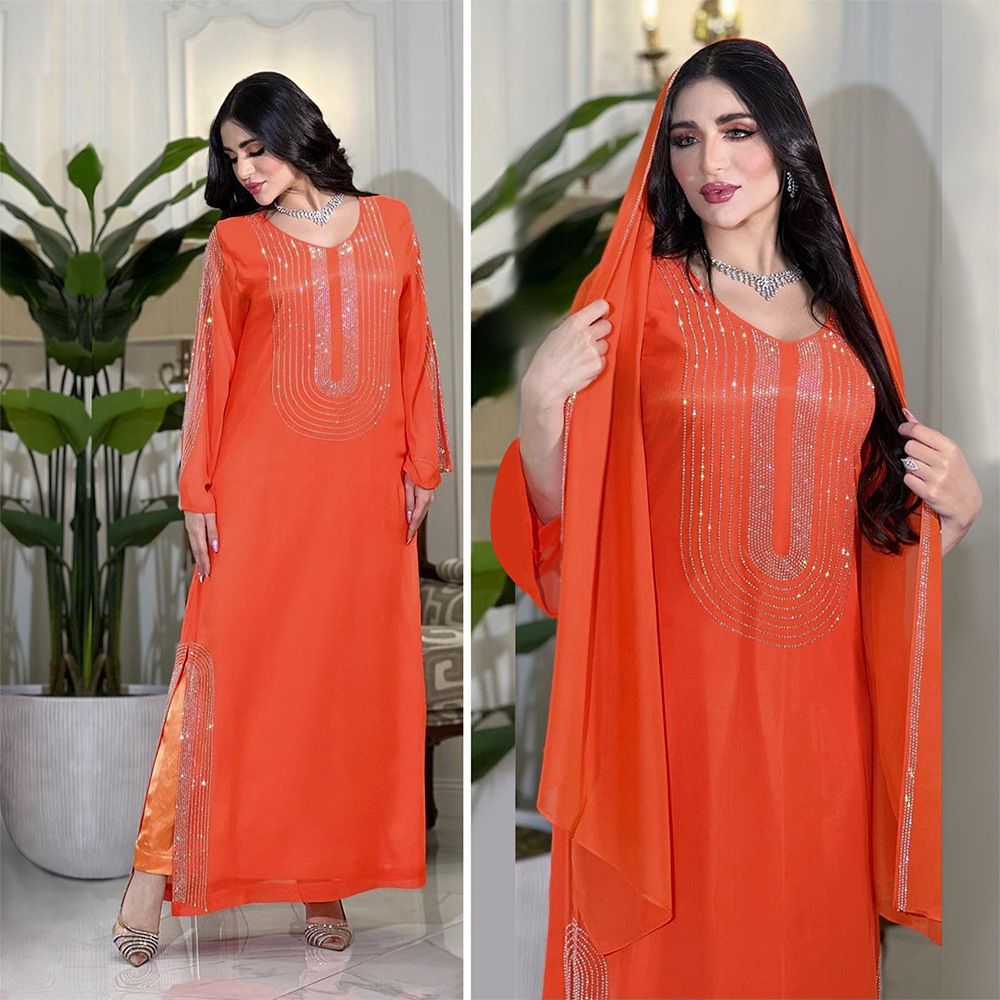 Wholesale Fashion Arabic Party Prom Gowns Long Dress Islamic Cloth Abaya Muslim Dress Women Side Slit Rhinestone Chiffon Dress